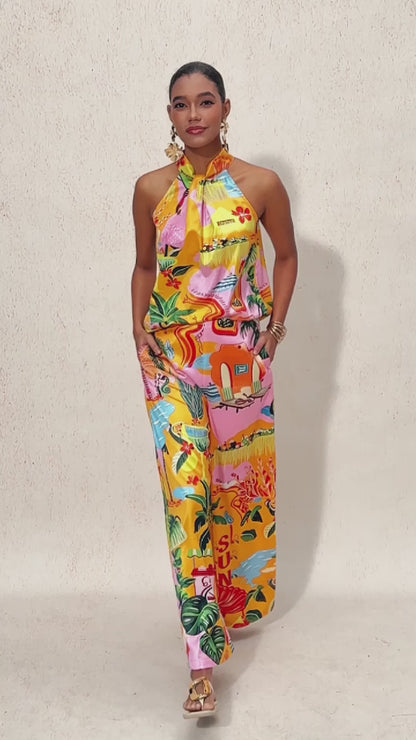 Summer Escape Silky Satin Floral Halter Top
