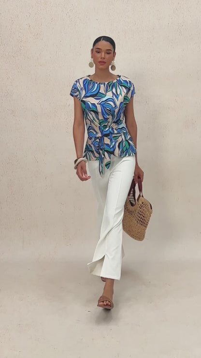 Marble Flora Stretch Cotton Tie Front Crewneck Tee