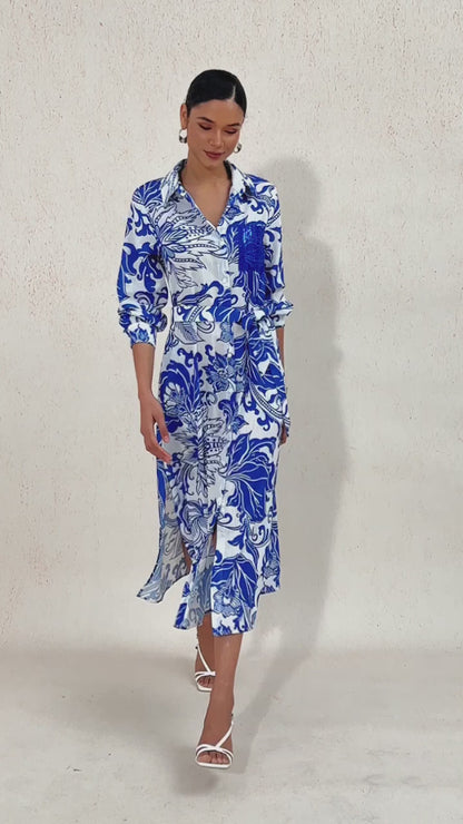 St Barth Blooms Airy Linen Look Blue Maxi Dress