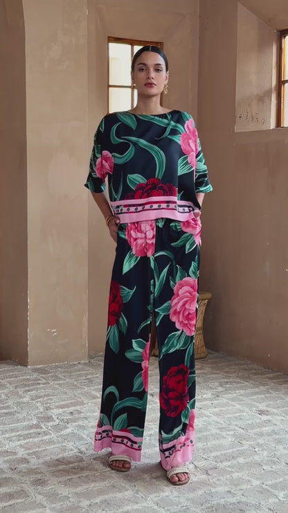 Emerald Rose Garden Silky Satin Sleeve Batwing Top