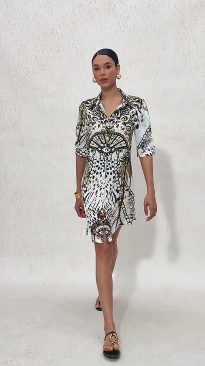 Vintage Leopard Jewelry Silky Satin Straight Shirt Dress