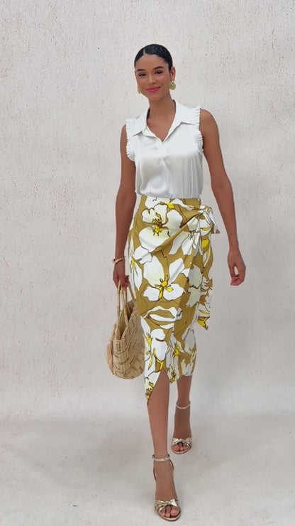 Golden Petal Glow Silky Satin Wrap Skirt