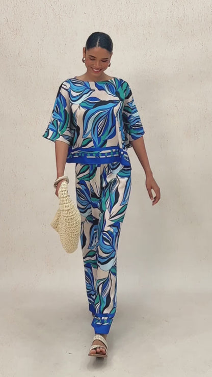 Marble Flora Silky Satin Dolman Sleeve Batwing Top