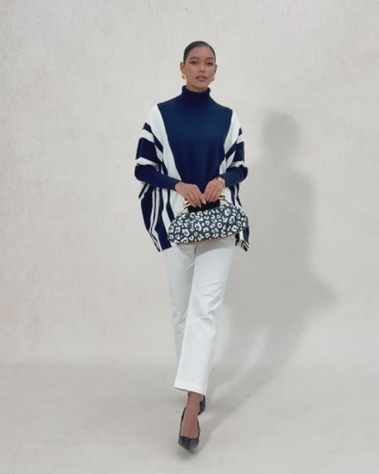 Contrast Stripe High-Stretch Mock Neck Knit Sweater