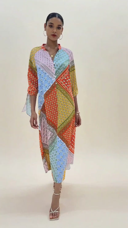 Colorful Print Tie Shirt Maxi Dress