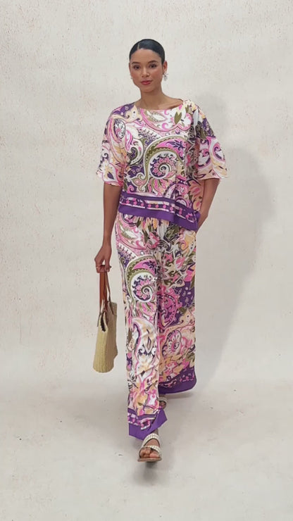 Lavender Paisley Flora Silky Satin Dolman Batwing Top