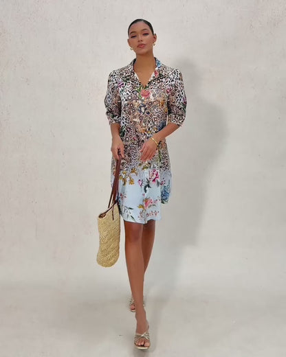 Safari Tapestry Silky Satin Shirt Dress