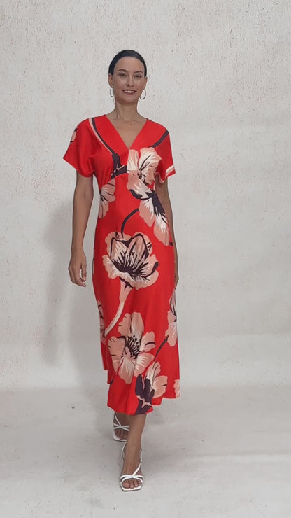 Red Floral Print Silky Satin Maxi Dress