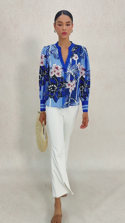 Azure Bloom Silky Satin Blouse