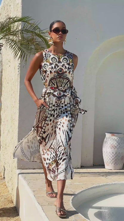 Vintage Leopard Jewelry Silky Satin Maxi Dress