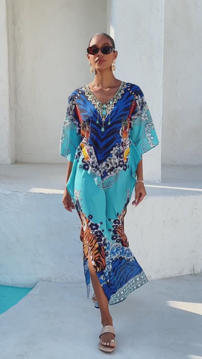 Indigo Tigress Flowy Chiffon Maxi Dress