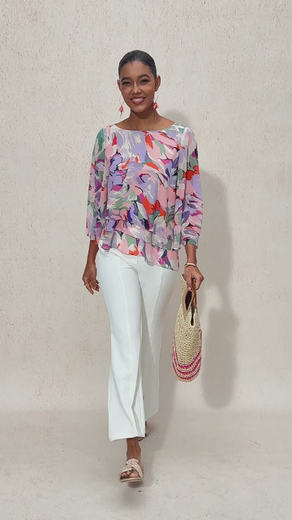 Spring Blooms Flowy Chiffon Layered Design Pink Blouse
