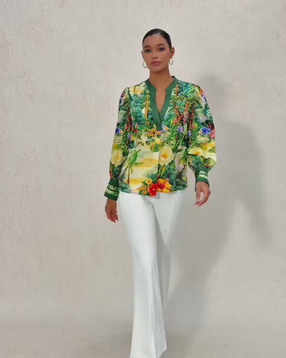 Emerald Garden Silky Satin Blouse