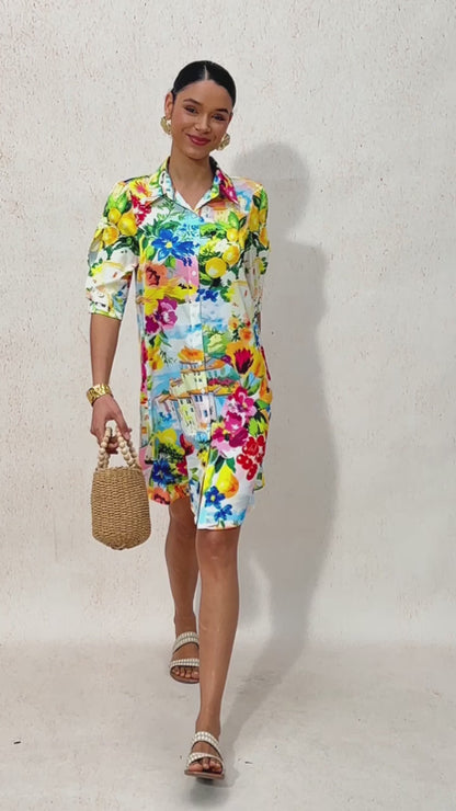 Holiday Citrus Garden Silky Satin Straight Shirt Dress