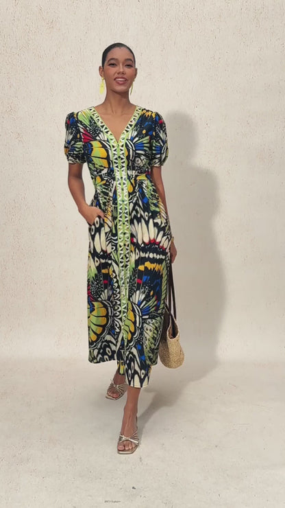 Jungle Butterfly Airy Linen Look Maxi Dress