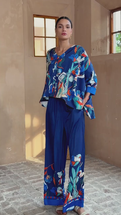 Blue Watercolor Iris Satin Batwing Top