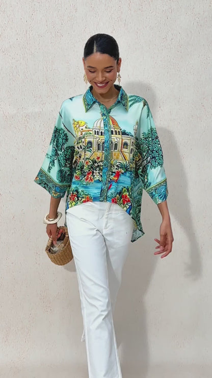 Balearic Islands Blue Silky Satin Dolman Sleeve Top