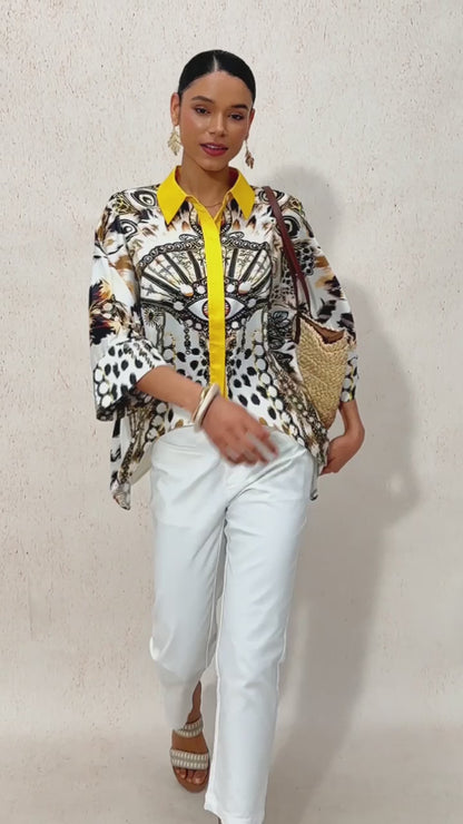 Vintage Leopard Jewelry Silky Satin Dolman Sleeve Shirt