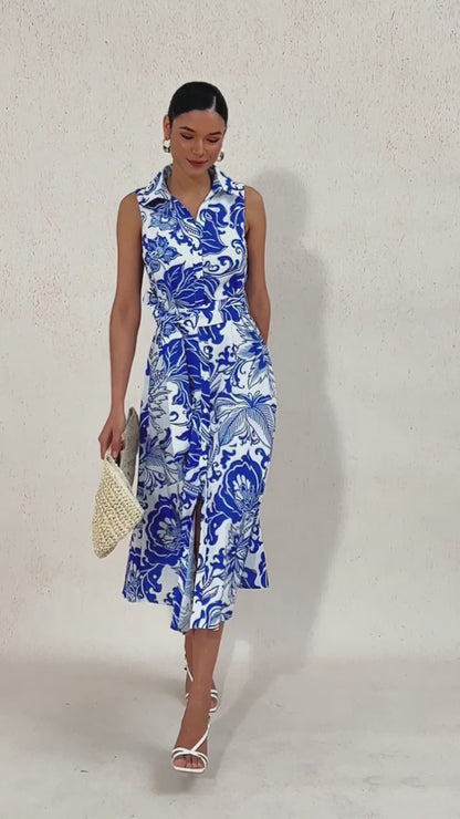 St Barth Blooms Airy Linen Look Blue Shirt Dress