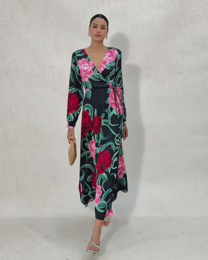 Emerald Rose Garden Silky Satin Floral Maxi Dress