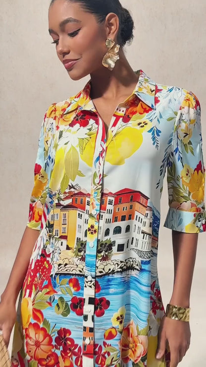 Santorini Summer Silky Scenic Floral Shirt Dress