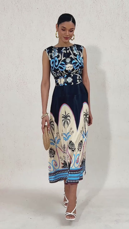 Summer Night Palm Silky Satin Maxi Dress