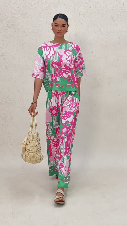 Pink Jungle Flora Silky Satin Batwing Top