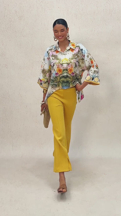 Pastel Floral Garden Satin Dolman Sleeve Button Down Shirt