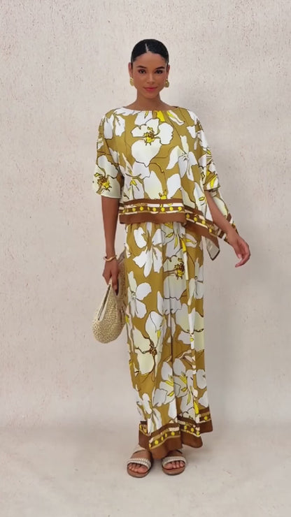 Golden Petal Glow Silky Satin Batwing Top