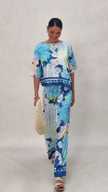 Pastel Wash Peony  Silky Satin Batwing Top