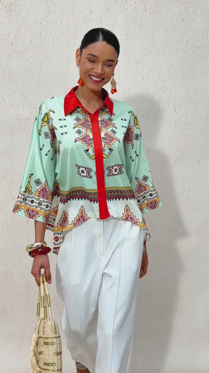 Ethnic Totem Silky Satin Dolman Sleeve Shirt