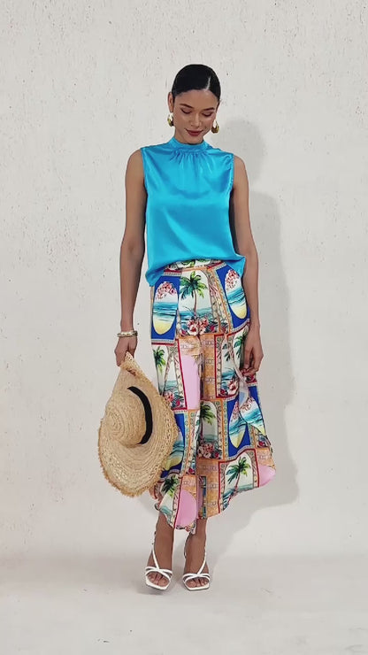 Summer Escape Curved Hem Cross-over Satin Wide leg Pants