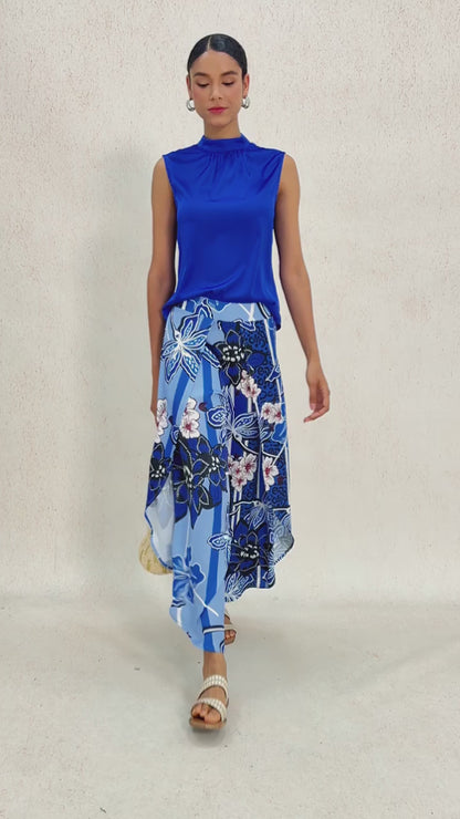 Azure Bloom Satin Slit Wide Leg Pants