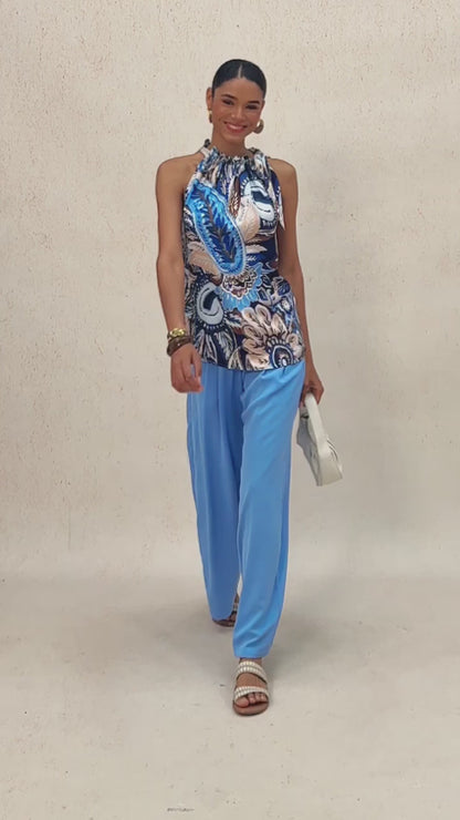 Ocean Paisley Flora Silky Satin Sleeveless Top