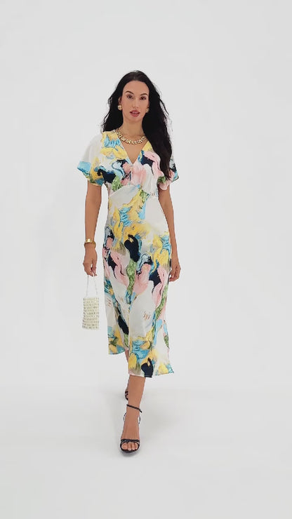 Abstract Brush Print Silky Satin Maxi Dress