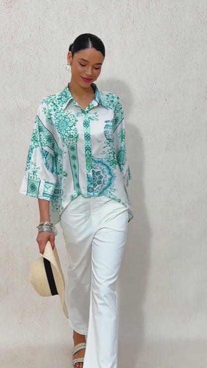 Celadon Bloom Story Silky Satin Dolman Sleeve Shirt