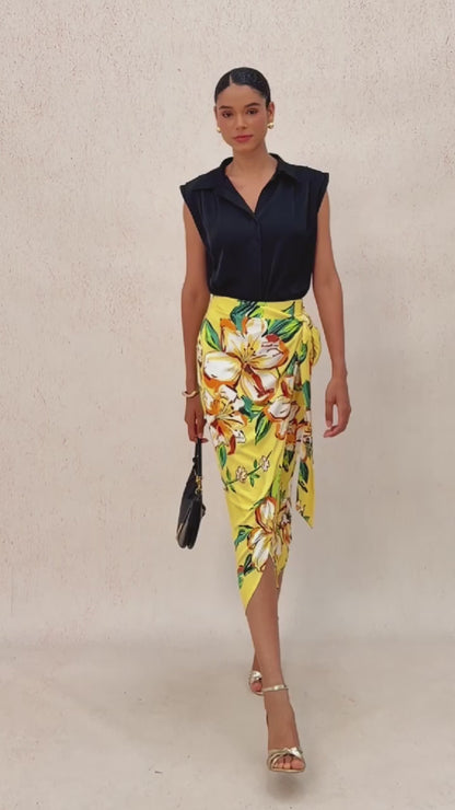 Lime Magnolia Glow Silky Satin Wrap Skirt