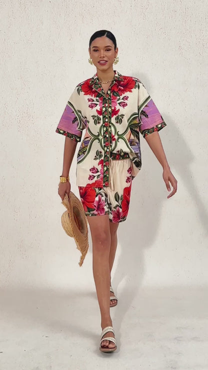 Hawaii-Palme Airy Leinen-Look Blumenhemd