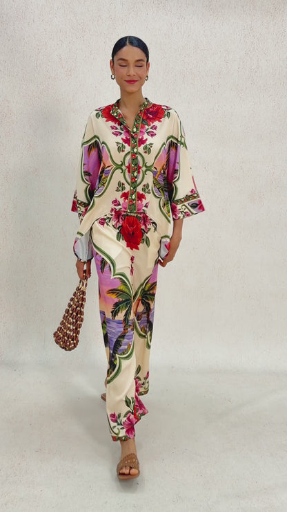 Hawaii Palm Silky Satin Wide Leg Pants