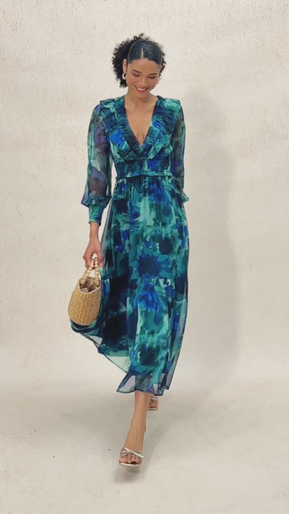 Ocean Bloom Reverie Flowy Chiffon Maxi Dress