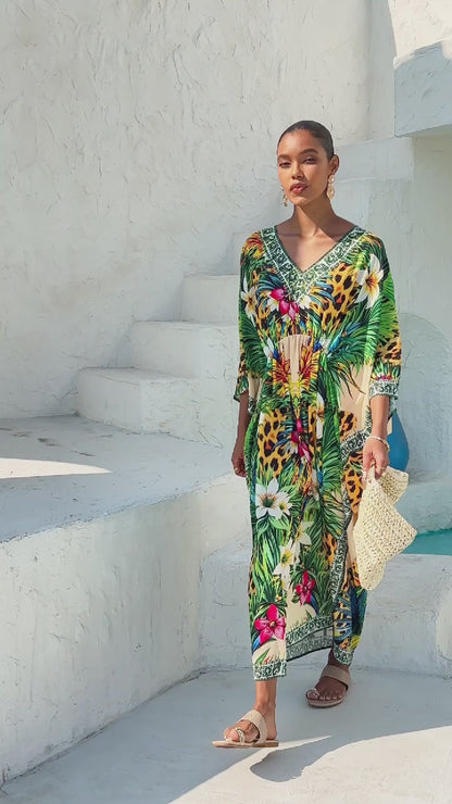 Tropische Versuchung Fließender Chiffon-Leoparden-Kaftan