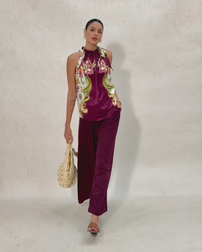 Burgundy Elastic Drawstring Linen Look Wide Leg Pants