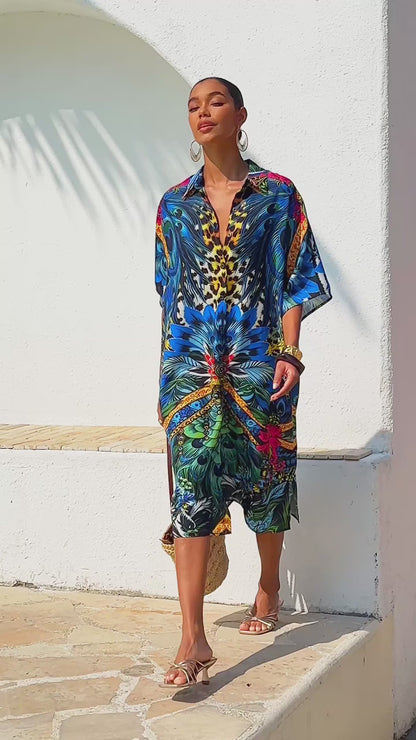 Dschungel Wilde Party Fließendes Chiffon Feder Hemdblusenkleid