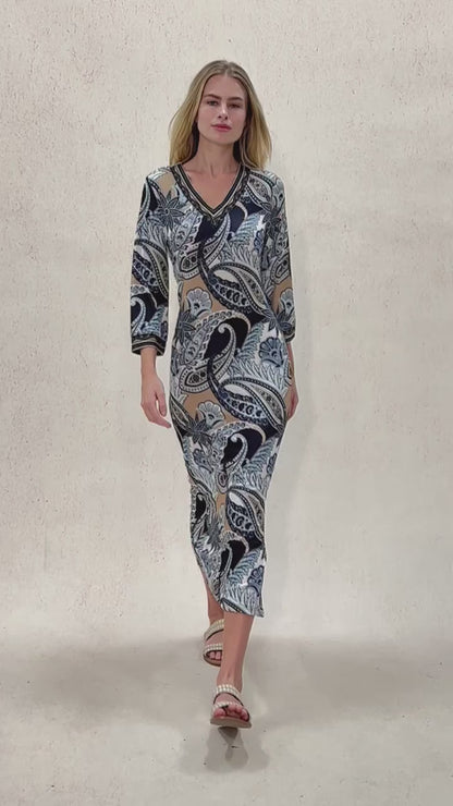 Abstract Paisley Print Knit Stretch Fitted Maxi Dress