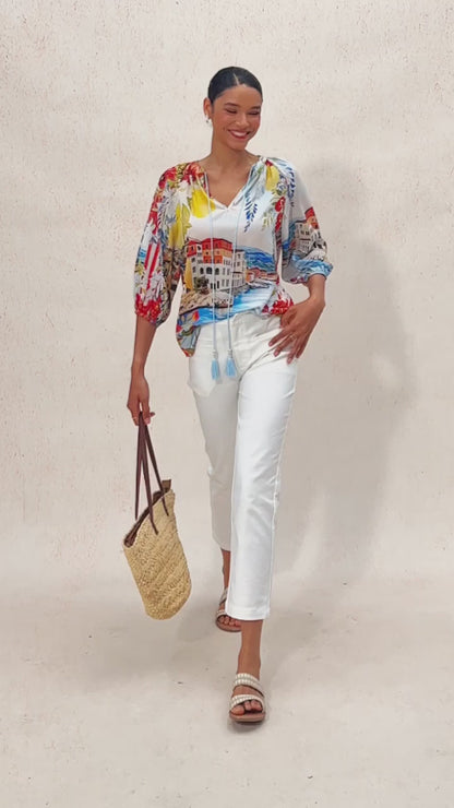 Santorini Summer Chiffon Raglan Sleeve Blouse