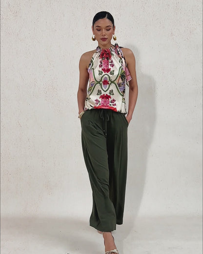 Hawaii Palm Silky Satin Floral Top