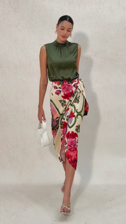 Hawaii Palm Silky Satin Wrap Skirt