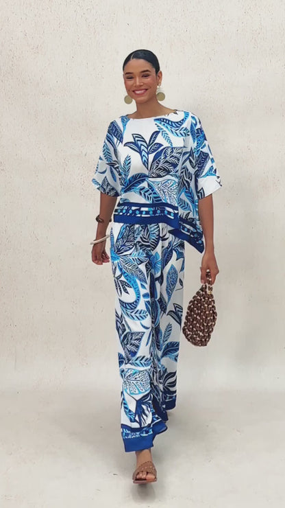 Azure Leaves  Silky Satin Dolman Batwing Top