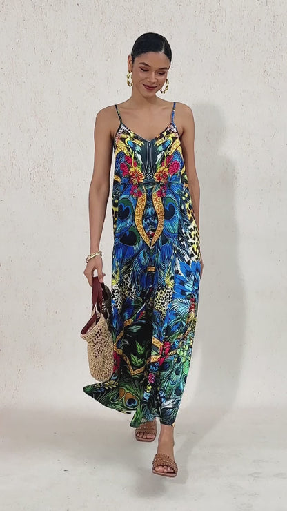 Jungle Wild Party Silky Satin Feather Jumpsuit