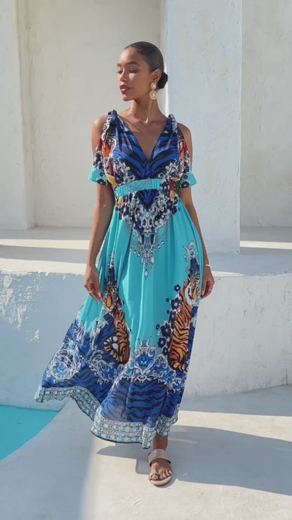 Indigo Tigress Flowy Chiffon Vacation  Maxi Dress